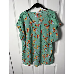 LOVE J Green Floral Blouse with Crochet Sleeves 2X
